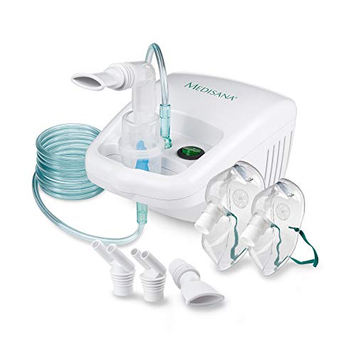Inhalador Medisana IN 500, nebulizador compresor con boquilla y mascarilla para adultos y niños, para resfriados o asma con accesorios adicionales y tubo largo